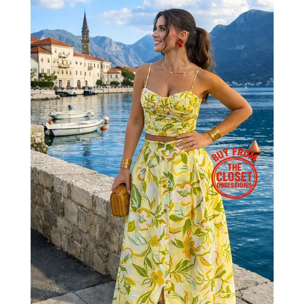 Zara Floral Co Ord Set Corset Top Midi Skirt Linen Blend Vacation Outfit NWT - Picture 2 of 16